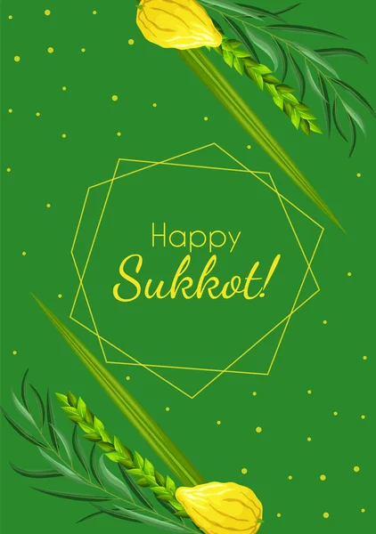 Palmiye yaprakları, limon ve geometrik çokyüzlü Sukkot tebrik kartı şablonu. Tabernacle ziyafeti ya da Toplanma Festivali. Geleneksel Yahudi dini sembolleri: etrog, lulav, hadas, arava