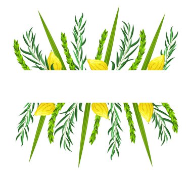 Tebrik mesajı için boş yeri olan Sukkot tebrik kartı. Tabernacle ziyafeti ya da Toplanma Festivali. Geleneksel semboller: etrog citron, lulav palmiye dalı, hadas myrtle, arava söğüdü