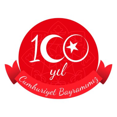 100 Yil Cumhuriyet Bayramisi. Tercümesi: 100 yıllık Cumhuriyet Günü Türkiye. Ulusal zafer günü. 100 numaralı tasarımda kırmızı zemin, kurdele ve geleneksel desen üzerinde beyaz hilal ve yıldız yer aldı.