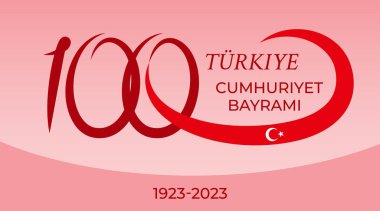Türkiye, Cumhuriyet Bayrami. Tercümesi: Türkiye, Cumhuriyet Günü. Türkiye Cumhuriyeti 'nin 100. yıldönümü. Ulusal zafer günü. Tasarımınız için 100 numaralı festival kartı ve Türk bayrağı