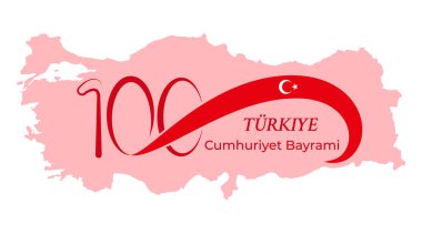 Türkiye, Cumhuriyet Bayrami. Tercümesi: Türkiye, Cumhuriyet Günü. Türkiye Cumhuriyeti 'nin 100. yıldönümü. Ulusal zafer günü. 100 numaralı festival kartı, Türk bayrağı ve harita silueti
