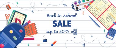 Okul satışı afiş şablonuna geri dönelim. Mavi sırt çantası ve içinde farklı kırtasiye malzemesi, malzeme ve eşyalar olan açık bir defter. Web sitesi, pazarlama, eğitim eğitimi tanıtım reklamı, sosyal medya, davetiye tasarımı