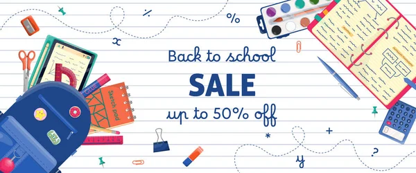 Okul satışı afiş şablonuna geri dönelim. Mavi sırt çantası ve içinde farklı kırtasiye malzemesi, malzeme ve eşyalar olan açık bir defter. Web sitesi, pazarlama, eğitim eğitimi tanıtım reklamı, sosyal medya, davetiye tasarımı