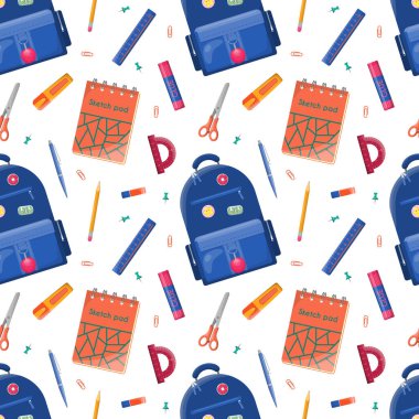 Sırt çantasının farklı kırtasiyeli kusursuz deseni. Okula ve eğitim konseptine geri dönmek. Tasarım ambalajı, tekstil, duvar kağıdı, sosyal medya, baskı için arkaplan