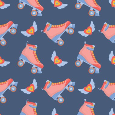 Eski paten yarışları ve kanatlı kalplerle kusursuz bir düzen. 70-80 'lerin çizgi romanlarındaki kızlar için spor aktivitelerinin vektör çizimi. Poster, ambalaj, duvar kağıdı için modaya uygun bir arkaplan