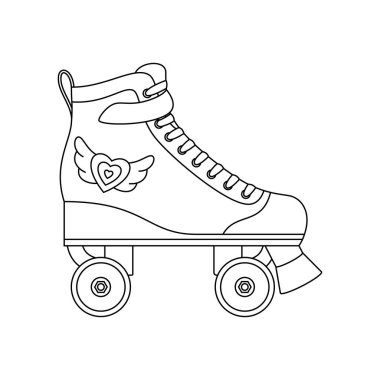 Paten derbisi ikon çizgisi sembolü. Retro dörtlü paten beyaz arkaplanda izole edildi. 80 'ler ve 90' lar spor aktiviteleri illüstrasyonu. Diyagram, web, logotype, uygulama, etiket, pul için tasarım