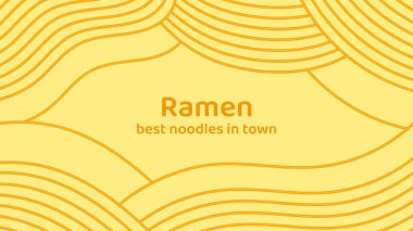 Sarı ramen çorbası desenli pankart. Hazır Asya eriştesi, makarna ya da spagetti. Japon, Çin dalgalı tasarımı. Arkaplanda soyut gıda çizimi