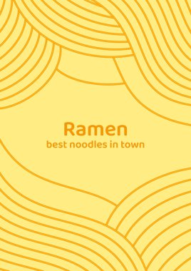 Sarı ramen çorbası desenli poster şablonu. Asya yapımı hazır şehriye, makarna ve spagetti. Japon, Çin dalgalı tasarımı. Arkaplanda soyut gıda çizimi