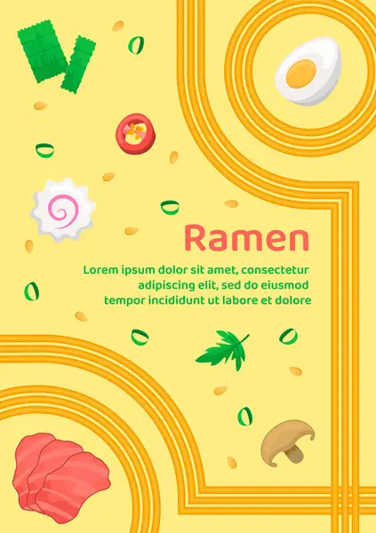 Etli ramen çorbası, yumurta, mantar, kamaboko, biber, nori ve geometrik dalgalı erişte çizgileri. Hazır Asya eriştesi, makarna ya da spagetti. Poster, menü, kart, reklam için Japonca ve Çin dalgalı şablon