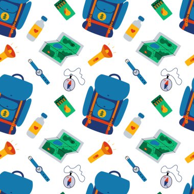 Yürüyüş elementleri kusursuz desen. Yürüyüş ya da kamp malzemelerinin geçmişi. Turizm ve macera aksesuarları - sırt çantası, harita, su şişesi, kibrit, saat, el feneri, pusula. Vektör