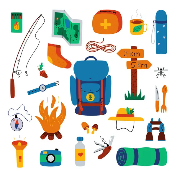 Hiking, trekking or camping objects. Tourism and adventure accessories - backpack, map, fire, compass and others. Outdoor recreation elements. Perfect for kids camp flyers, posters, tags, sticker kit.