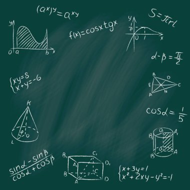 Tebeşir karalaması matematik tahtası. Yuvarlak tasarım şablonu matematik figürleri, üçgen, fonksiyonlar, formül, hesaplama, denklem içerir. Okulun karatahtasında el yazısı beyaz tebeşirli geometri işaretleri