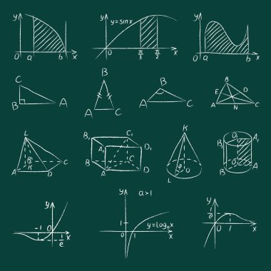 Çeşitli geometrik şekillerde tebeşir. Elle çizilmiş beyaz tebeşirli üçgen, kare, koni ve fonksiyon grafikleri yeşil okulun kara tahta arka planına çizilir. Matematiksel figür ve fonksiyonlar kümesi