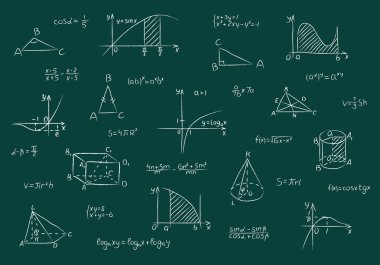 Matematiksel şekiller, fonksiyonlar, formül, hesaplama ve denklem tebeşir kümesi. El çizimi beyaz tebeşirli geometrik üçgen, kare, koni ve fonksiyon grafikleri yeşil okul karatahtasına çizilir