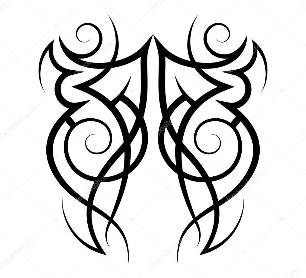 Neo abstract tribal tattoo. Vertical black shoulder tattoo. Cyber sigilism style hand drawn ornament. Celtic gothic body ornament shapes. Maori ethnic figure isolated on white backdrop. Sketch design