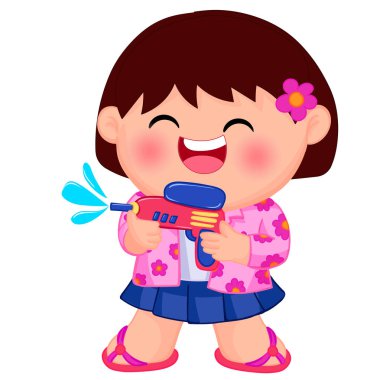 Songkran gününde su tabancasıyla oynayan şirin çocuklar.