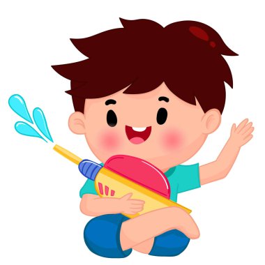 Songkran gününde su tabancasıyla oynayan şirin çocuklar.