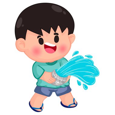 Songkran gününde su tabancasıyla oynayan şirin çocuklar.