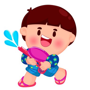 Songkran gününde su tabancasıyla oynayan şirin çocuklar.