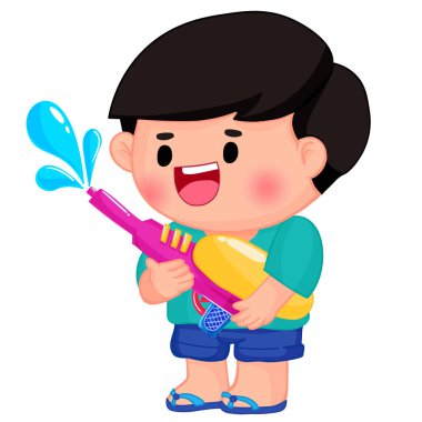 Songkran gününde su tabancasıyla oynayan şirin çocuklar.