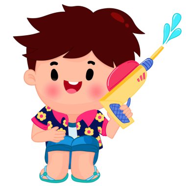 Songkran gününde su tabancasıyla oynayan şirin çocuklar.