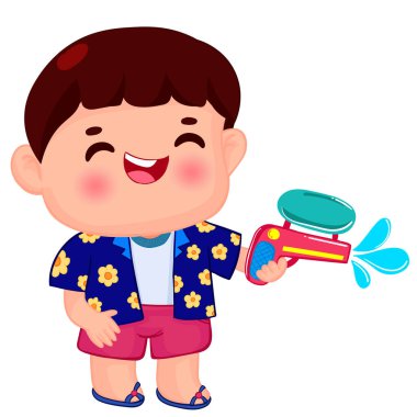 Songkran gününde su tabancasıyla oynayan şirin çocuklar.