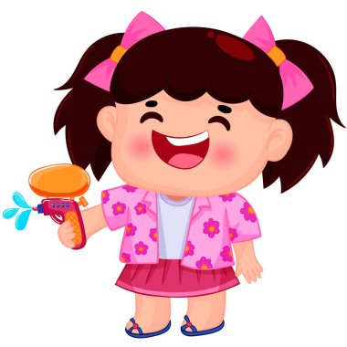 Songkran gününde su tabancasıyla oynayan şirin çocuklar.