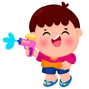 Songkran gününde su tabancasıyla oynayan şirin çocuklar.