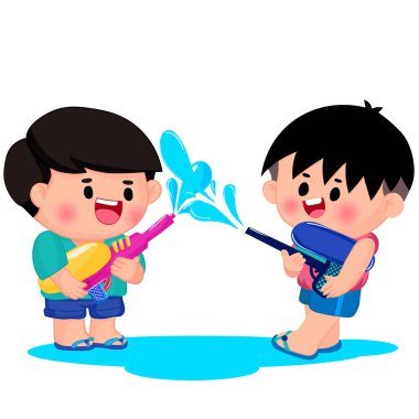 Songkran gününde su tabancasıyla oynayan şirin çocuklar.