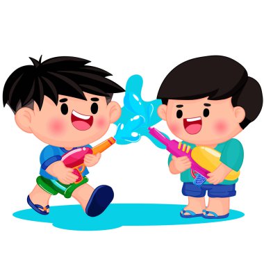 Songkran gününde su tabancasıyla oynayan şirin çocuklar.