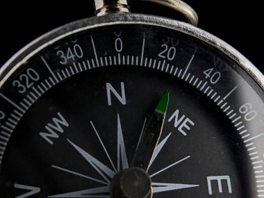 Close-up silver compass on a black background