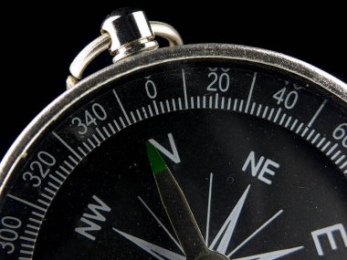 Close-up silver compass on a black background
