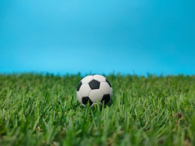A ball is in the middle of a field with a blue background