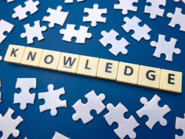 Toys word and white puzzle with the word KNOWLEDGE on a blue background.