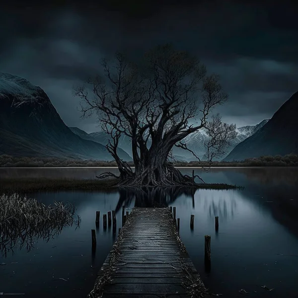 Illustration of a wooden jetty with dark river and dark tree with mountain background full hd.