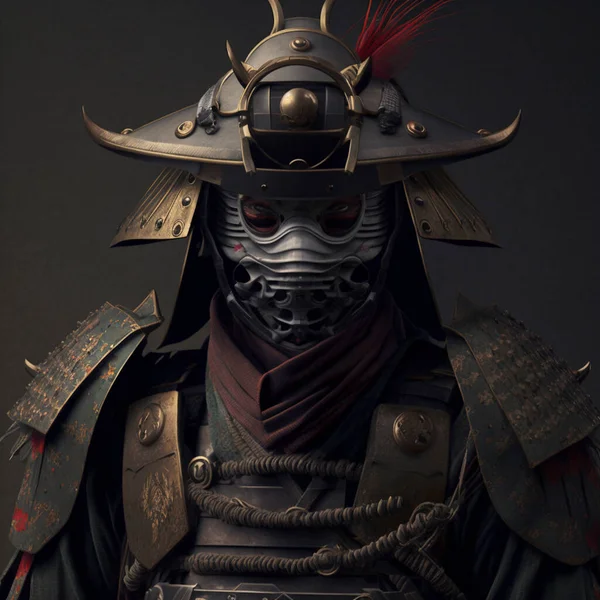 Illustration of a japanese face creepy old army,samurai army suit