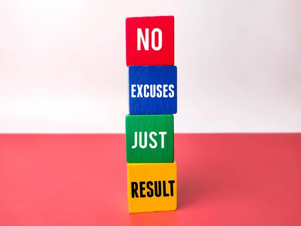 Colored cube with the word NO EXCUSES JUST RESULT on a red and white background. Business concept.