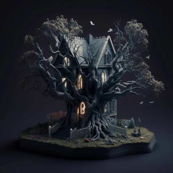 Illustration of a miniature ghost house,creepy dark mode with dead tree.