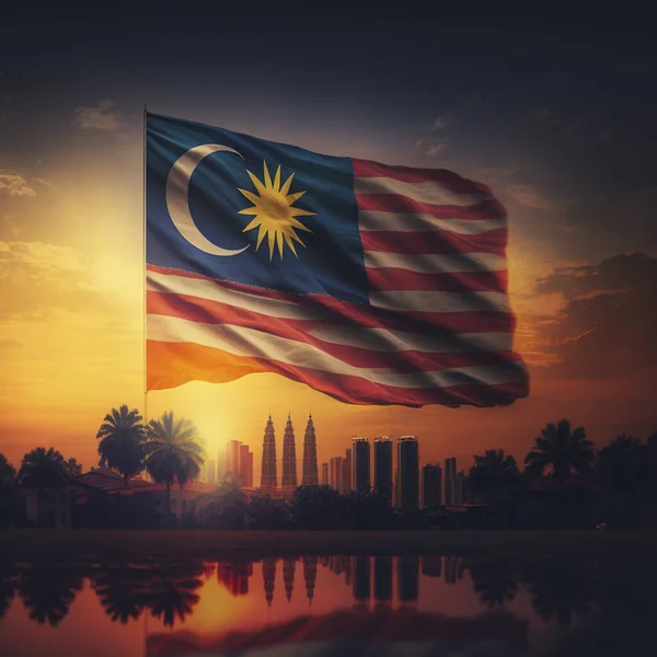 Illustratie Van Een Maleisische Vlag Met Stad Zonsondergang Achtergrond Vol — Stockfoto