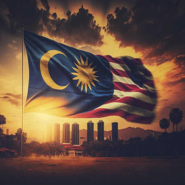 Ilustración Una Bandera Malasia Con Fondo Ciudad Ocaso Full — Foto de Stock