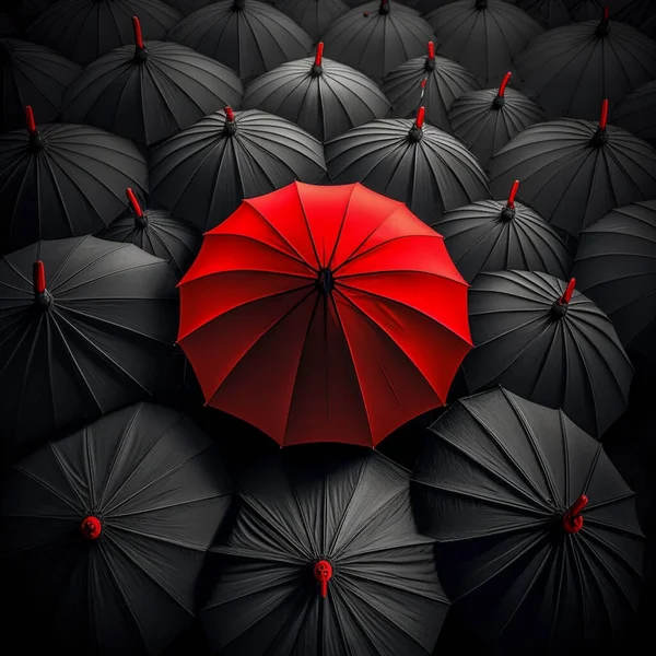Illustration of a red umbrella in the middle of hundreds of black umbrella. Insurance and protection concept.