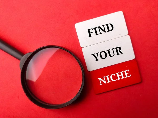木板和放大镜与文字发现你的Niche在红色的背景 业务概念 — 图库照片