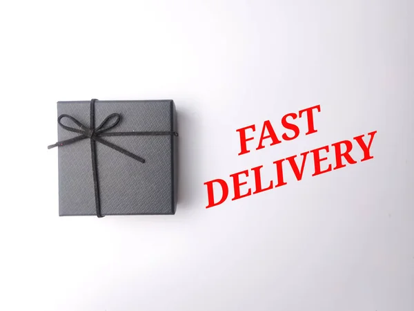 Fekete Ajándék Doboz Szó Fast Delivery Fehér Alapon — Stock Fotó