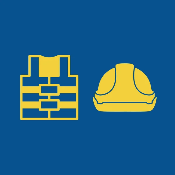 Illustration of yellow safety helmet and safety vest on a blue background.