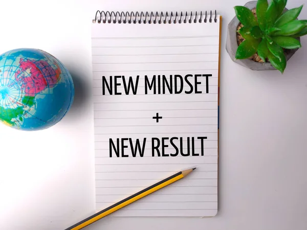 Earth globe and notebook with the word NEW MINDSET NEW RESULT on white background