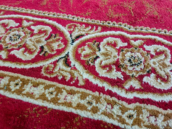 Closeup Red Carpet Floral Pattern Mosque — Stock Photo, Image