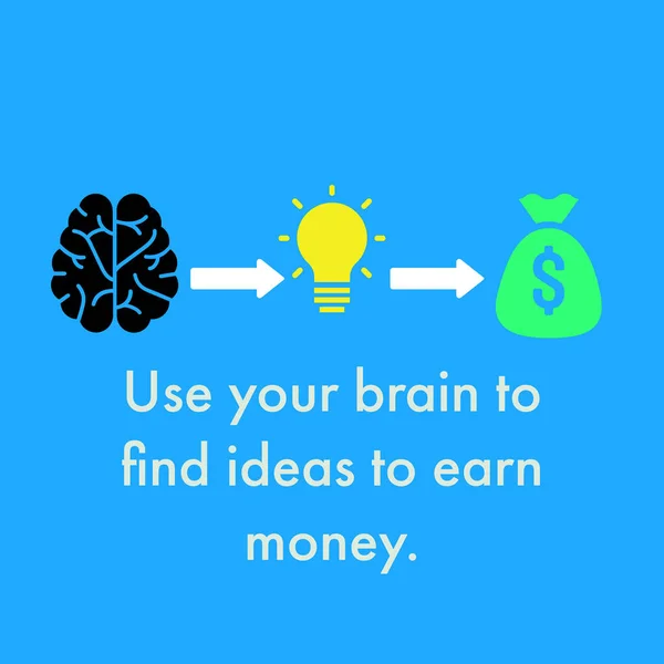 Illustration of icon brain,bulb and money with text Use your brain to find ideas to earn money.