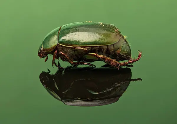 Closeup of a green beetle with reflection on a green acrylic board