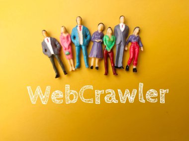 Sarı arkaplanda metin Webcrawler 'ı olan üst görünüm minyatür insanlar.