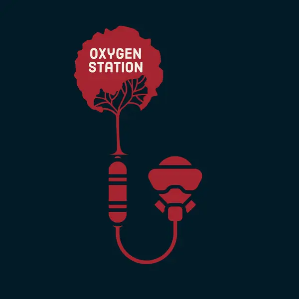 Illustration of simple icon people using oxygen from the tree with text OXYGEN STATION.